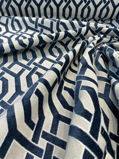Naxos Blue Navy Geometric Chenille Fabric - Blue Navy Geometric, 58% Viscose 27% Polyester 15% Cotton, 54" Width (1 Yard)