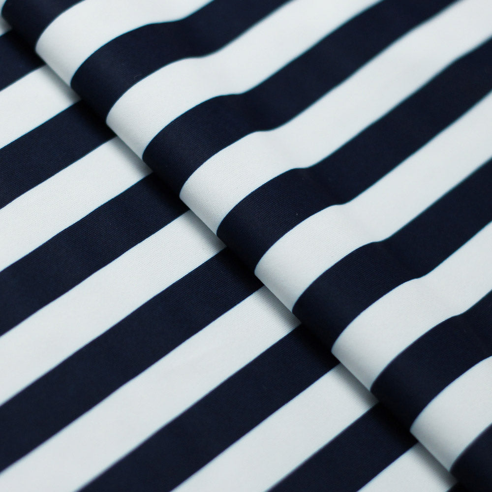 Classic Tricot Stripes Polyester Spandex Fabric - Wide Stripe Print, Black/White, Navy/White, Red/White, Turquoise/White, 58/60" Width (1 Yard)