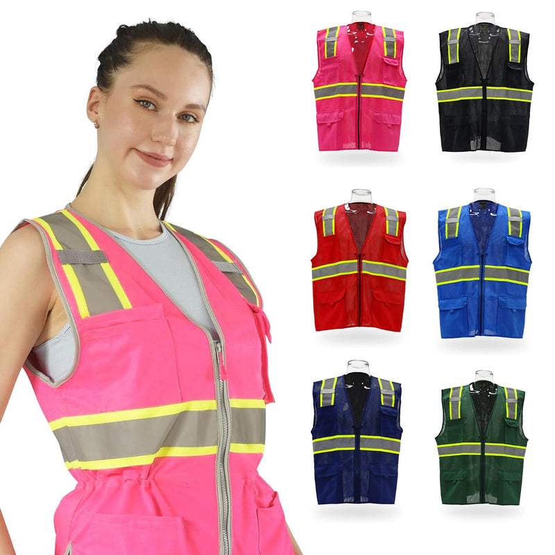 Multi Pocket High Visibility Reflective Safety Vest with Zipper Front 100% Polyester