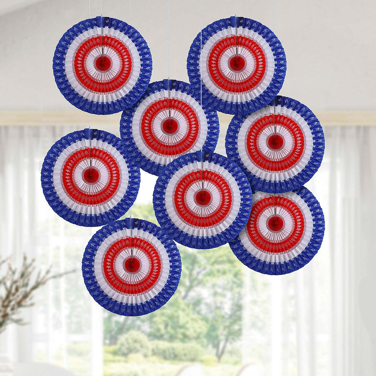20" diam. Patriotic Stars & Stripes Cutout Hanging Paper Fans 12 Pieces