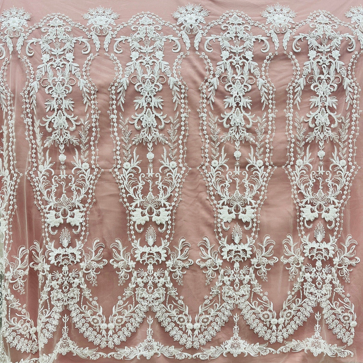 1 Yard Beaded Lace Fabric Embroidered on 100% Polyester Net Mesh, Elegant Sheer Textile for Dressmaking
