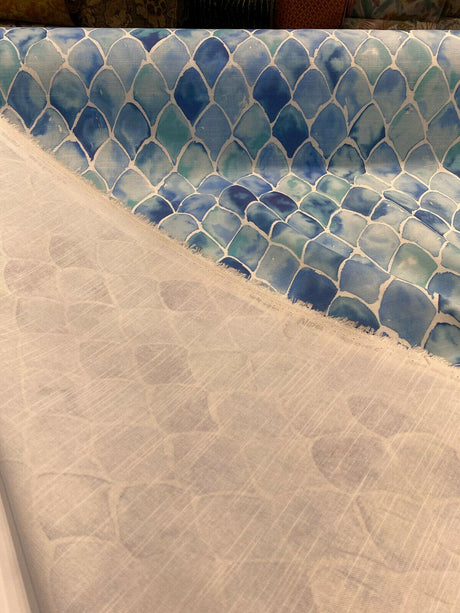 Clio Blue Scales Cotton Polyester Fabric - Blue Scales Pattern, 56" Width (1 Yard)