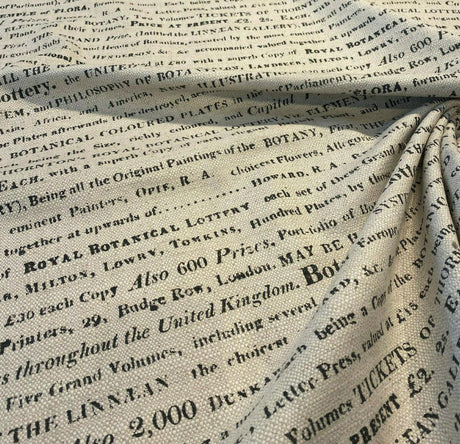 Script Botanical Lottery Sepia Written Cotton Blend Fabric - Natural With Black Script, 57" Width (1 Yard)