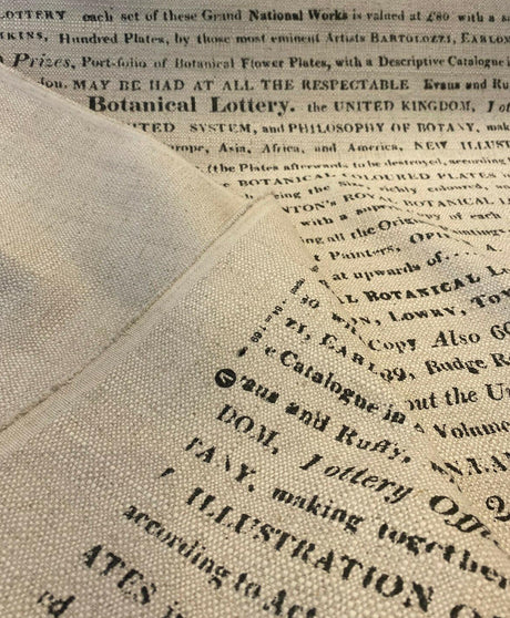 Script Botanical Lottery Sepia Written Cotton Blend Fabric - Natural With Black Script, 57" Width (1 Yard)