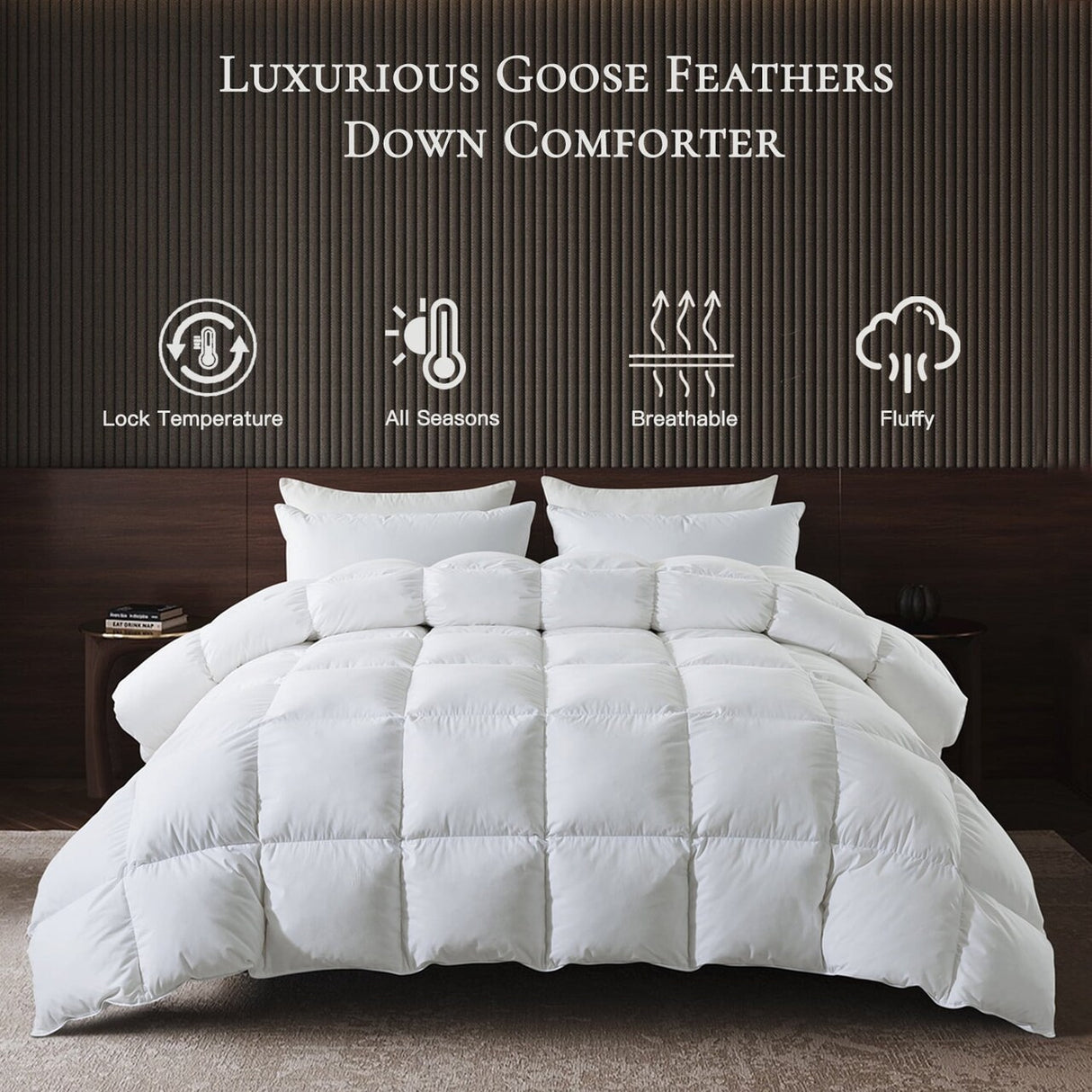 Three Geese Cal King Size Goose Feather Down Fiber Comforter - Ultra Soft All-Season Down Duvet Insert Fluffy Baffle Box Design with 8 Corner Loops for Warmth and Softness.