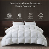 Three Geese Cal King Size Goose Feather Down Fiber Comforter - Ultra Soft All-Season Down Duvet Insert Fluffy Baffle Box Design with 8 Corner Loops for Warmth and Softness.