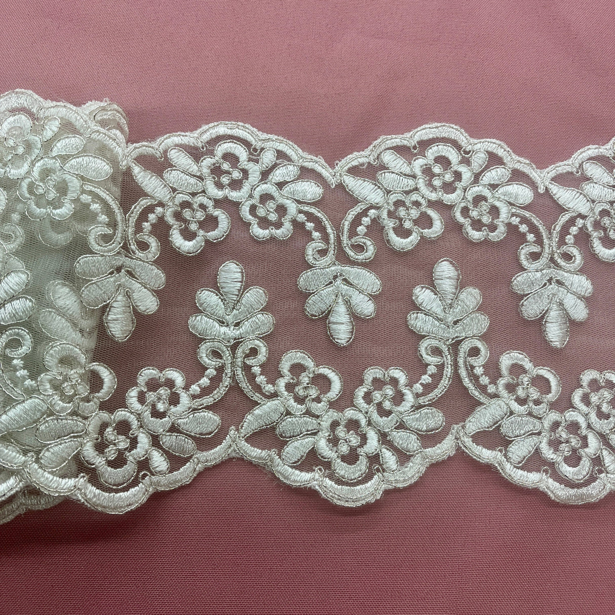 Double-Sided Floral Corded Lace Trim Polyester Fabric - Ivory With Silver, Scalloped Edge, 6" Wide (1 Yard)