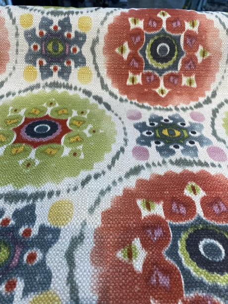 Harlow Bohemian Candy Linen Fabric - Multi Red, Blue, Green, Yellow, Pink Circles, 13" x 13" Repeat (1 Yard)