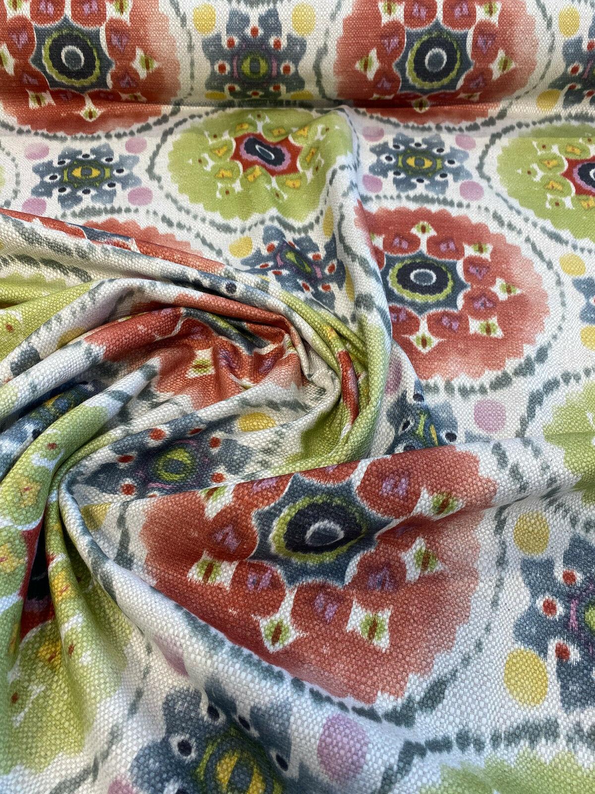 Harlow Bohemian Candy Linen Fabric - Multi Red, Blue, Green, Yellow, Pink Circles, 13" x 13" Repeat (1 Yard)