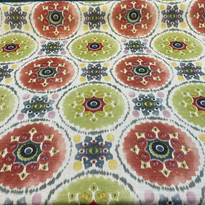 Harlow Bohemian Candy Linen Fabric - Multi Red, Blue, Green, Yellow, Pink Circles, 13" x 13" Repeat (1 Yard)