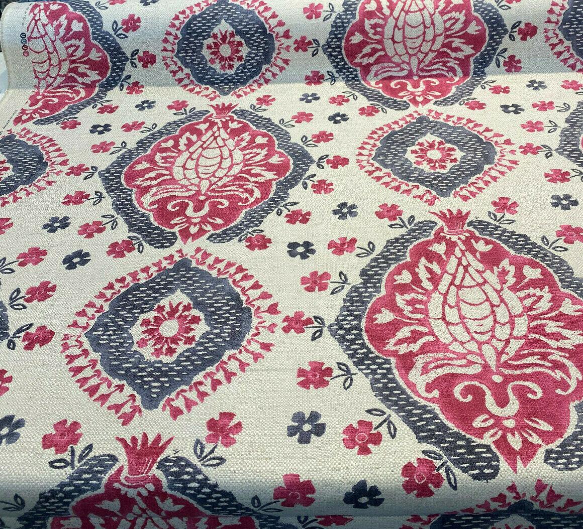 Avo Raspberry Linen Fabric - Suzanni Floral, Raspberry Dark Pink With Charcoal On Beige Linen Background, 28" H X 23.5" V Repeat, 1 Yard