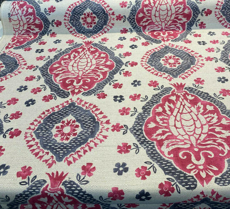 Avo Raspberry Linen Fabric - Suzanni Floral, Raspberry Dark Pink With Charcoal On Beige Linen Background, 28" H X 23.5" V Repeat, 1 Yard