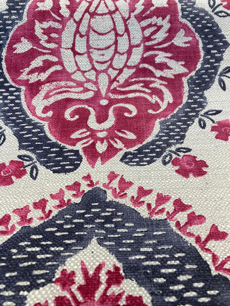 Avo Raspberry Linen Fabric - Suzanni Floral, Raspberry Dark Pink With Charcoal On Beige Linen Background, 28" H X 23.5" V Repeat, 1 Yard