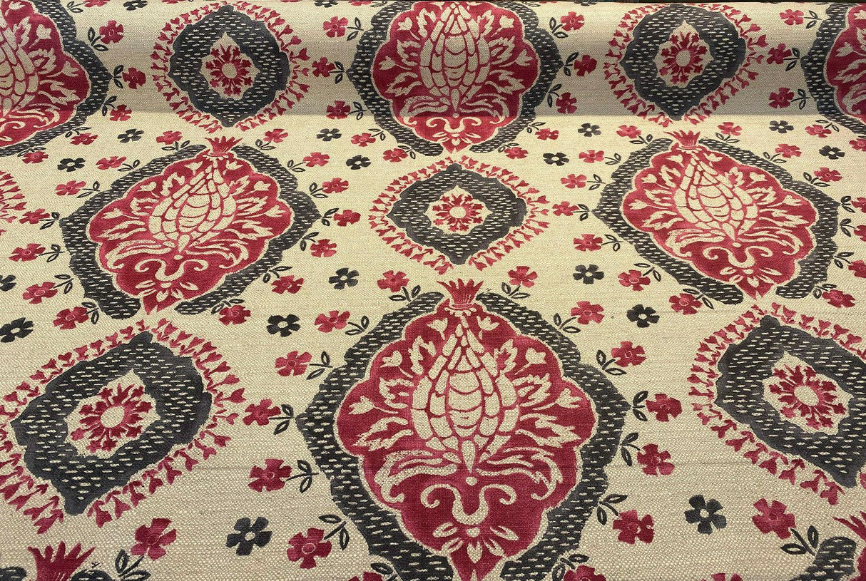 Avo Raspberry Linen Fabric - Suzanni Floral, Raspberry Dark Pink With Charcoal On Beige Linen Background, 28" H X 23.5" V Repeat, 1 Yard