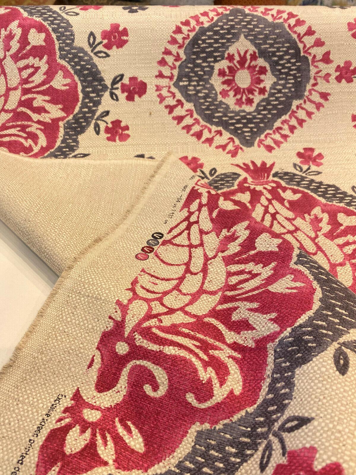 Avo Raspberry Linen Fabric - Suzanni Floral, Raspberry Dark Pink With Charcoal On Beige Linen Background, 28" H X 23.5" V Repeat, 1 Yard