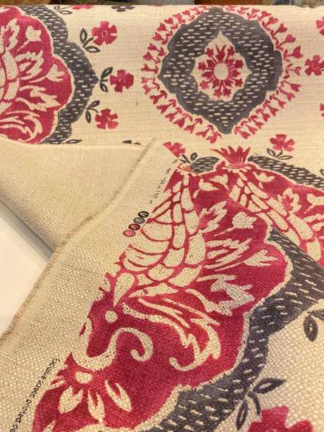 Avo Raspberry Linen Fabric - Suzanni Floral, Raspberry Dark Pink With Charcoal On Beige Linen Background, 28" H X 23.5" V Repeat, 1 Yard