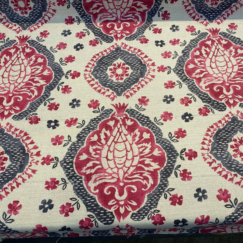 Avo Raspberry Linen Fabric - Suzanni Floral, Raspberry Dark Pink With Charcoal On Beige Linen Background, 28" H X 23.5" V Repeat, 1 Yard