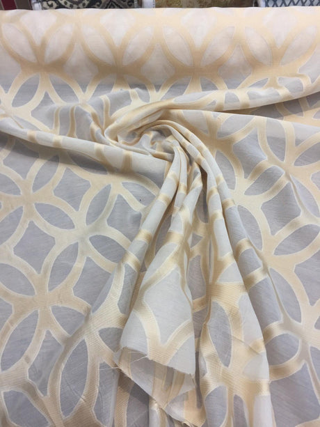 P Kaufmann Sheer Polyester Fabric - Ivory Gold Fretwork, 54" Width (1 Yard)