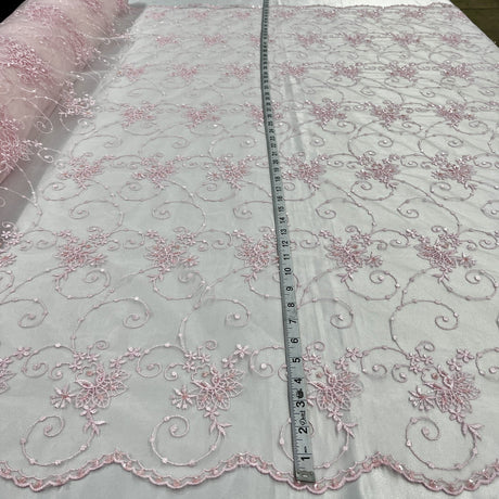 1 Yard - Beaded Lace Fabric Embroidered on 100% Polyester Net Mesh - Ivory - 52"