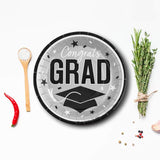 25 Count Silver Congrats Grad 9 Inch Round Paper Plates for Sleek Graduation