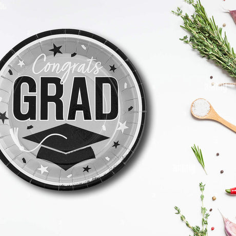 25 Count Silver Congrats Grad 9 Inch Dinner Plates for Elegant Graduation