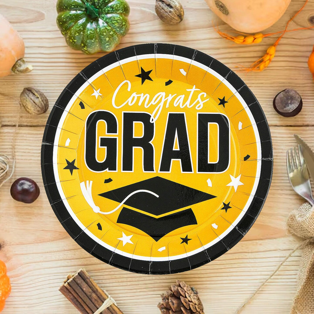 25 Count Yellow Graduation Paper Plates 9 Inch Round Congrats Grad Theme for Celebrations