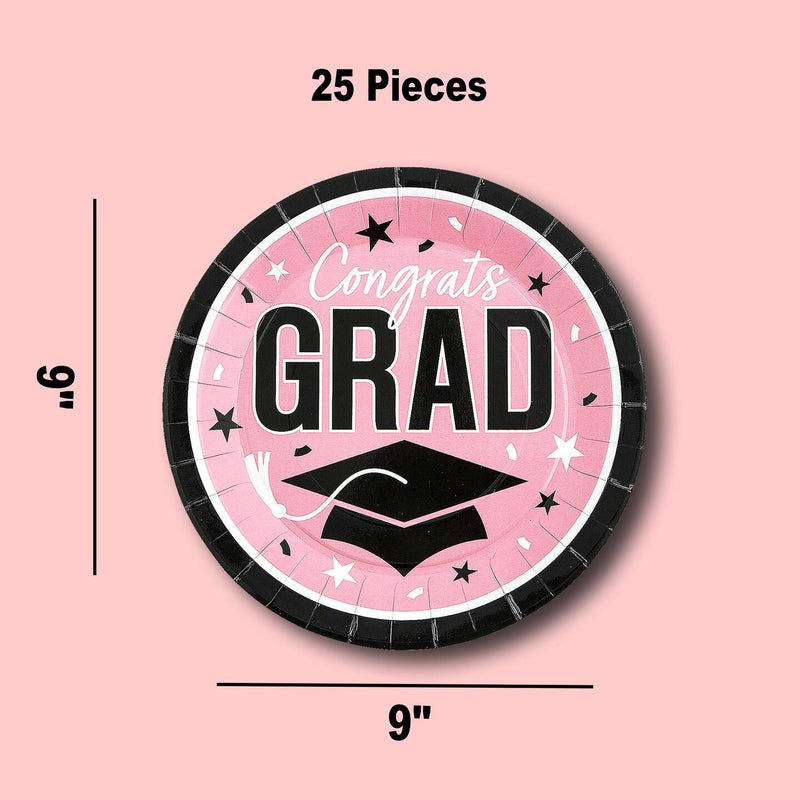 25 Count Pink Congrats Grad Paper Plates 9 Inch Graduation Party Supplies for Girly Themes