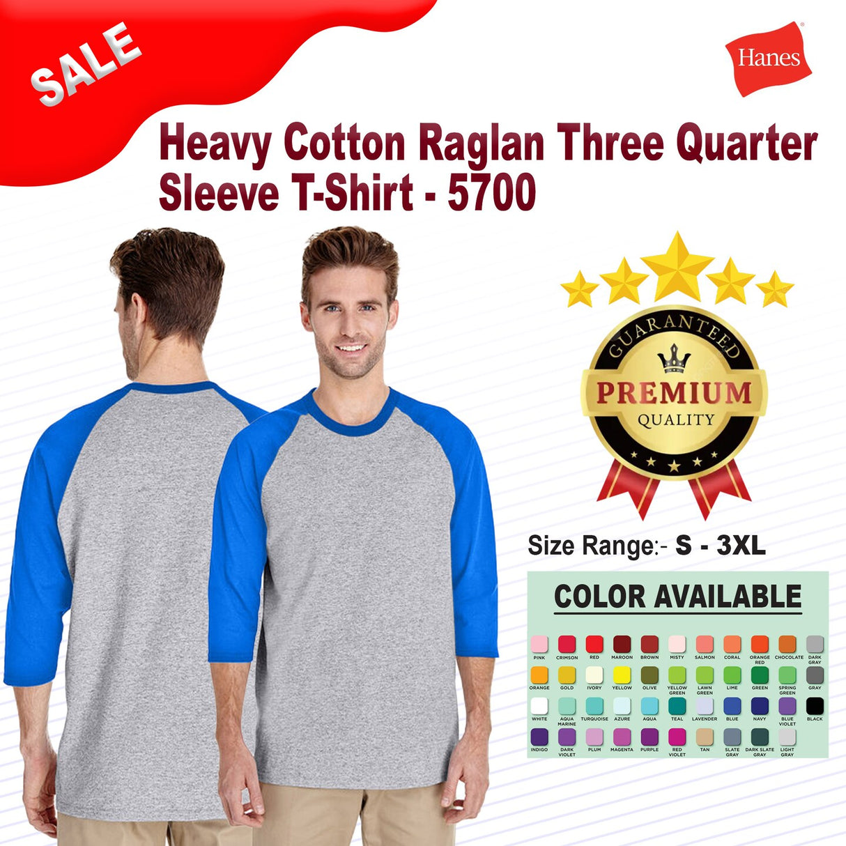 Gildan® Heavy Cotton Raglan Crewneck Three-Quarter Sleeve T-Shirt