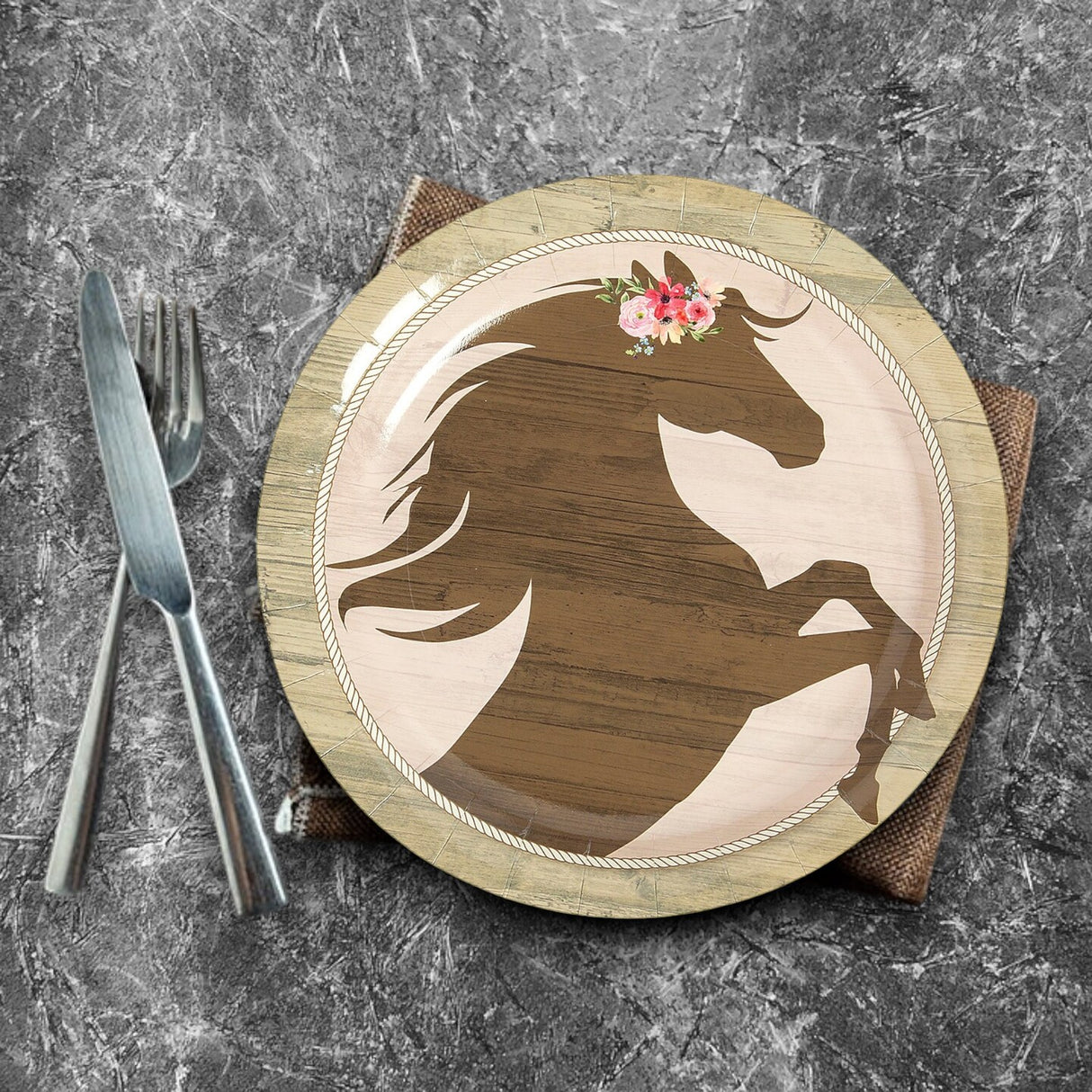 8 Count Crown of Flowers Horse Party Paper Dinner Plates 9 1/2 Inch Disposable Plates for Horse-Themed Celebrations