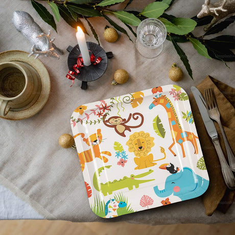 8 Count Jungle Animal Square Paper Dinner Plates 9 Inch Baby Shower Tableware