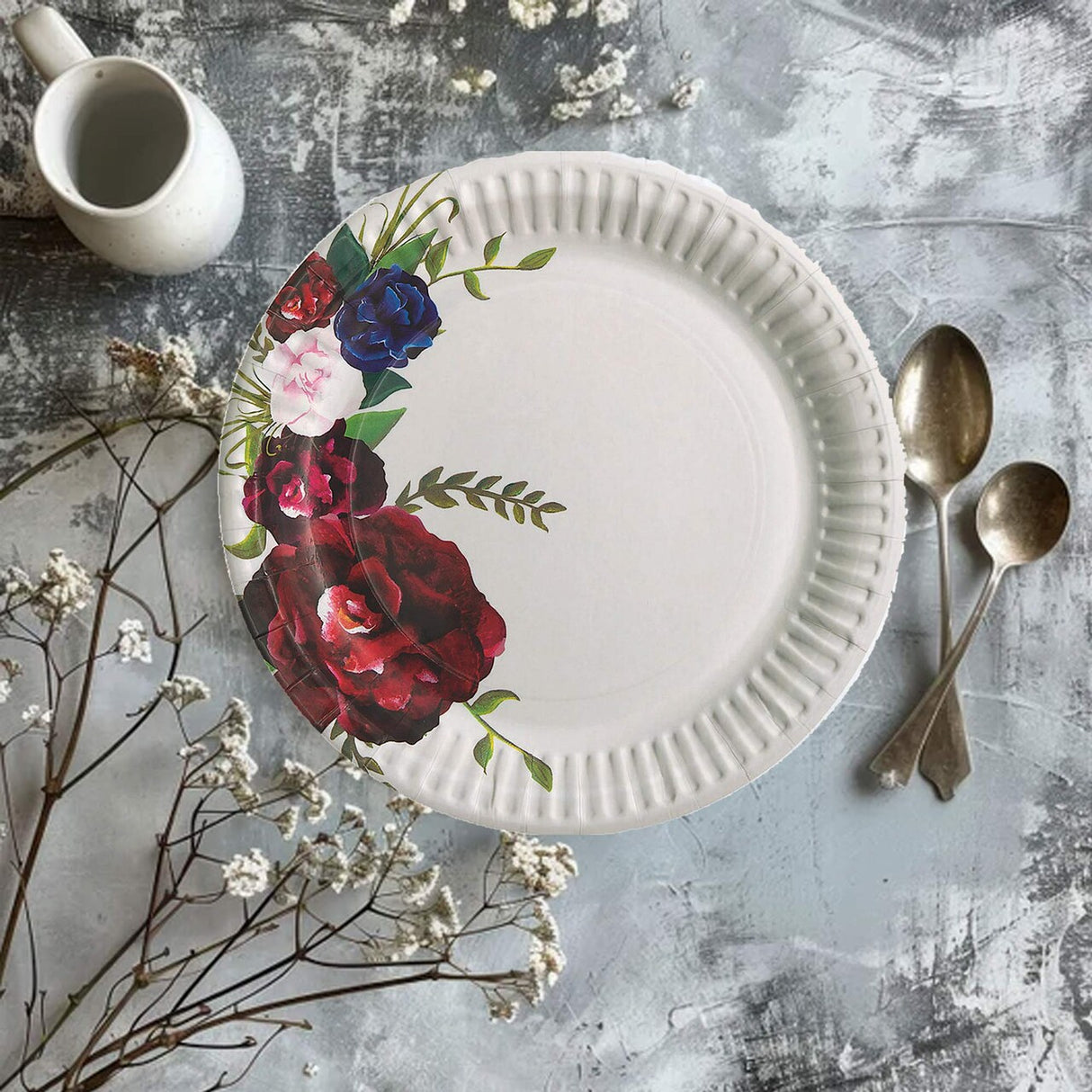 8 Ct. Navy & Red Floral Paper Dessert Plates Elegant Wedding & Shower Tableware