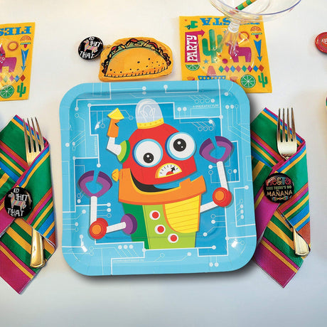 8 Count Silly Robot Party Square Paper Dinner Plates 9 Inch for Kids Birthday Celebration