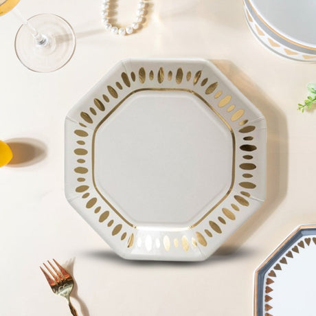 White and Gold Elegant Party Paper Dessert Plates 8 Count Wedding Tableware
