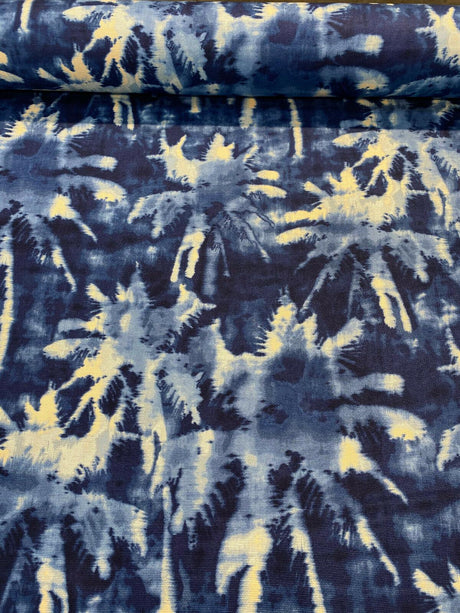 Tamarindo Palm Trees Azul Cotton Fabric - Blue Abstract Palm Trees, 54" Width (1 Yard)