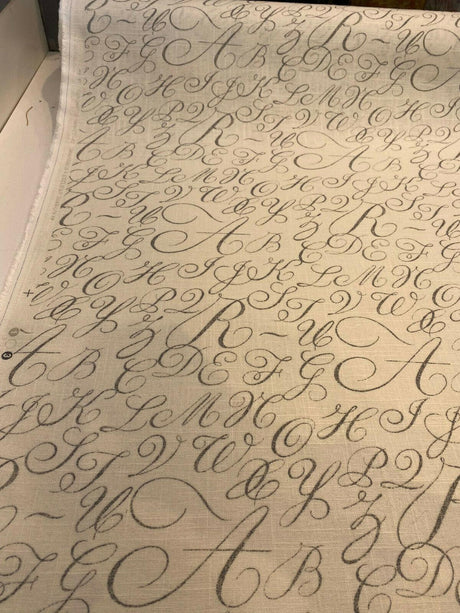 Waverly Cursive Caps Silver Linen Fabric - Silver Cursive Print, 54" Width (1 Yard)