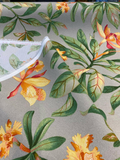 Orchid Valley Spun Polyester Outdoor Fabric - Floral Gray Putty, 54" Width (1 Yard)