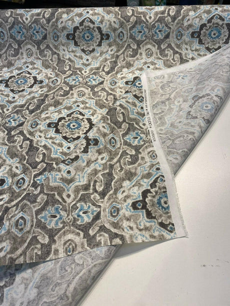 Outdoor Stamped Damask Stone Gray Pkl Studio Polyester Fabric - Gray Charcoal Hint Of Blue And Black, 54" Width (1 Yard)