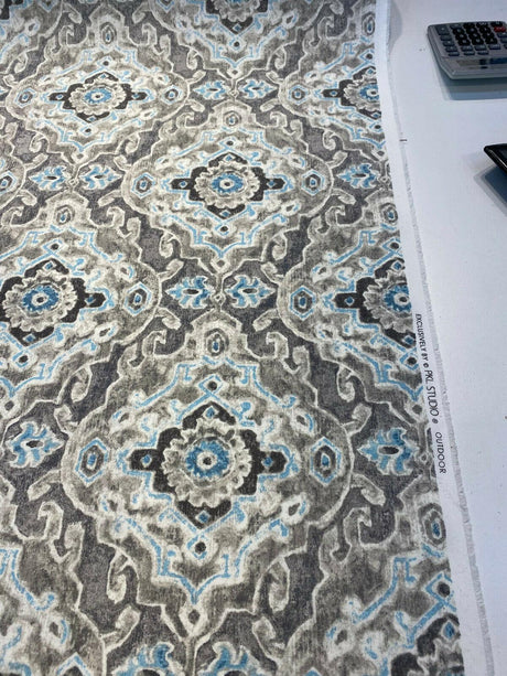 Outdoor Stamped Damask Stone Gray Pkl Studio Polyester Fabric - Gray Charcoal Hint Of Blue And Black, 54" Width (1 Yard)