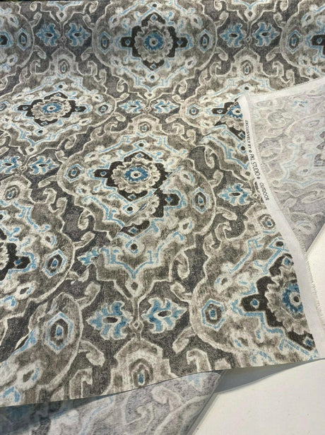 Outdoor Stamped Damask Stone Gray Pkl Studio Polyester Fabric - Gray Charcoal Hint Of Blue And Black, 54" Width (1 Yard)