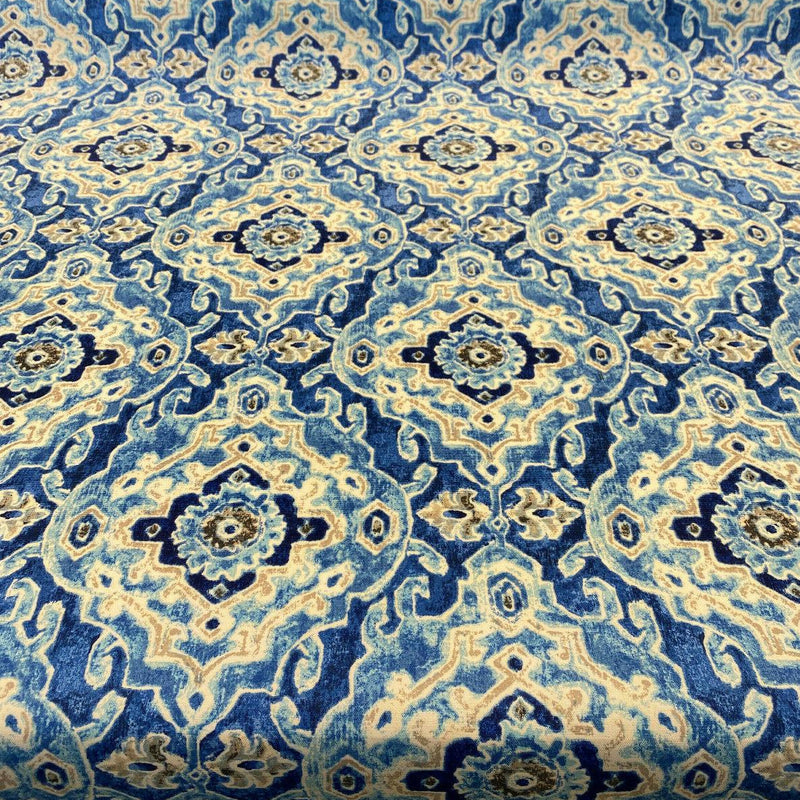 Outdoor Stamped Damask Blue Sea Polyester Fabric - Blue Damask, 54" Width (1 Yard)