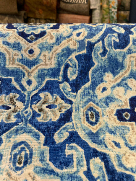 Outdoor Stamped Damask Blue Sea Polyester Fabric - Blue Damask, 54" Width (1 Yard)