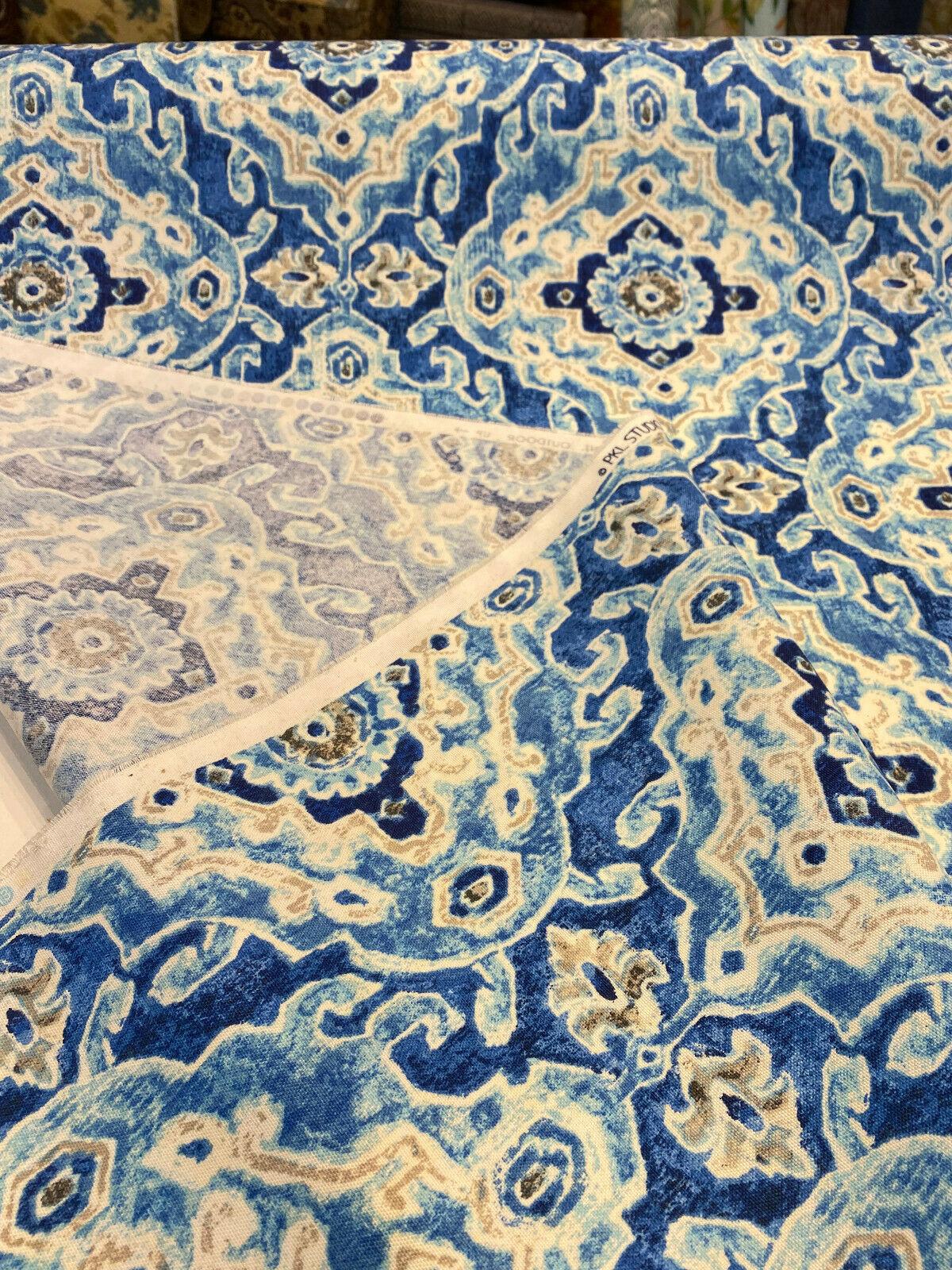 Outdoor Stamped Damask Blue Sea Polyester Fabric - Blue Damask, 54" Width (1 Yard)