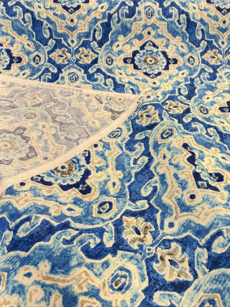 Outdoor Stamped Damask Blue Sea Polyester Fabric - Blue Damask, 54" Width (1 Yard)