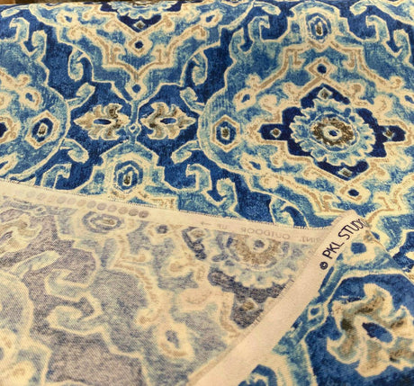 Outdoor Stamped Damask Blue Sea Polyester Fabric - Blue Damask, 54" Width (1 Yard)
