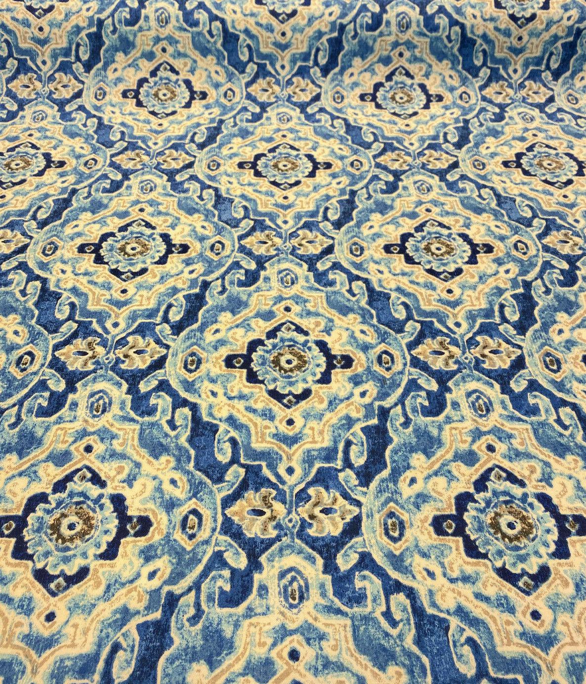 Outdoor Stamped Damask Blue Sea Polyester Fabric - Blue Damask, 54" Width (1 Yard)