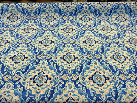 Outdoor Stamped Damask Blue Sea Polyester Fabric - Blue Damask, 54" Width (1 Yard)