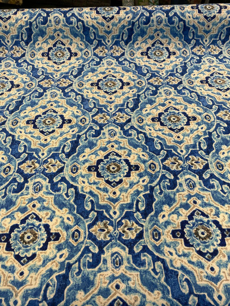 Outdoor Stamped Damask Blue Sea Polyester Fabric - Blue Damask, 54" Width (1 Yard)