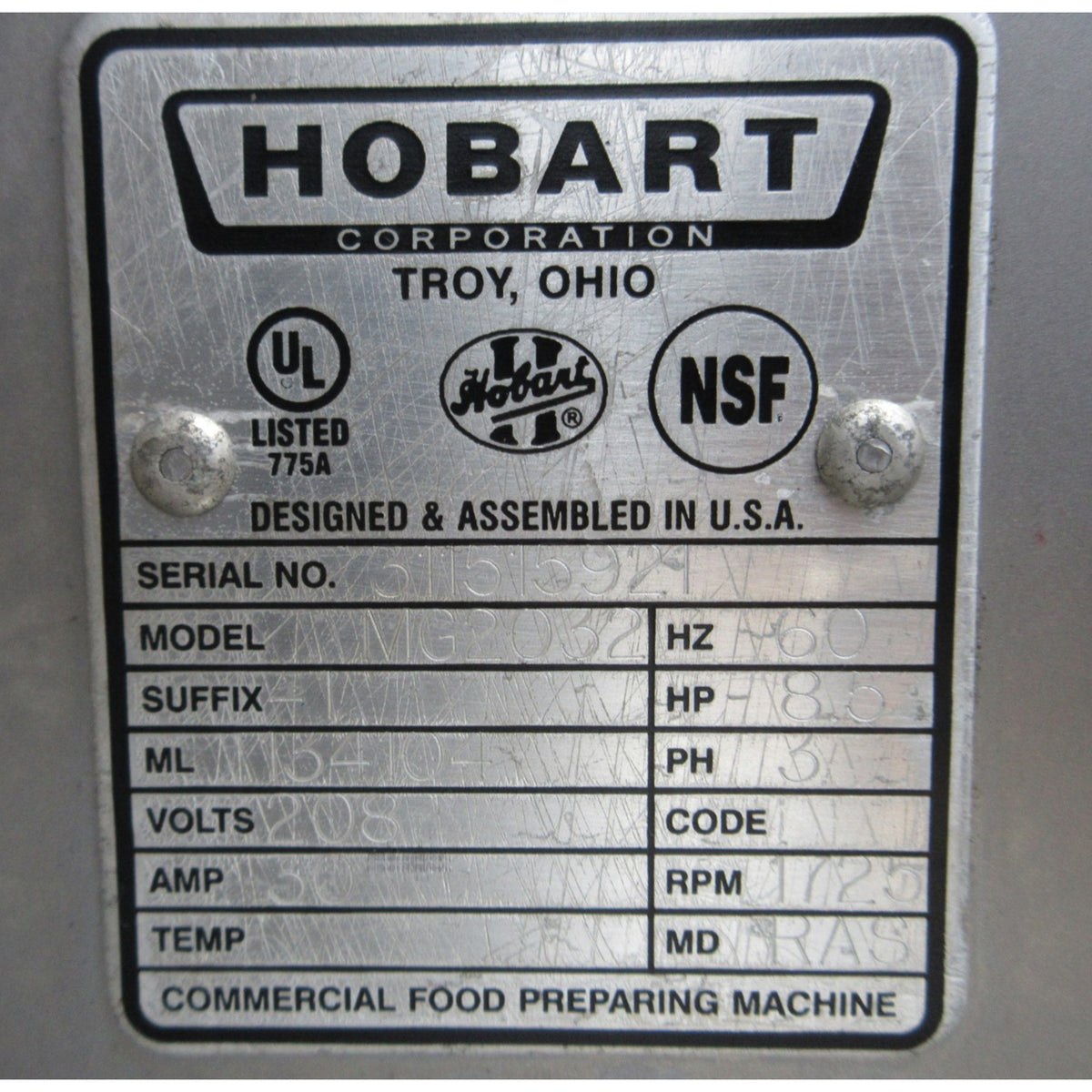 Hobart MG2032 Meat Mixer Grinder, Used Excellent Condition