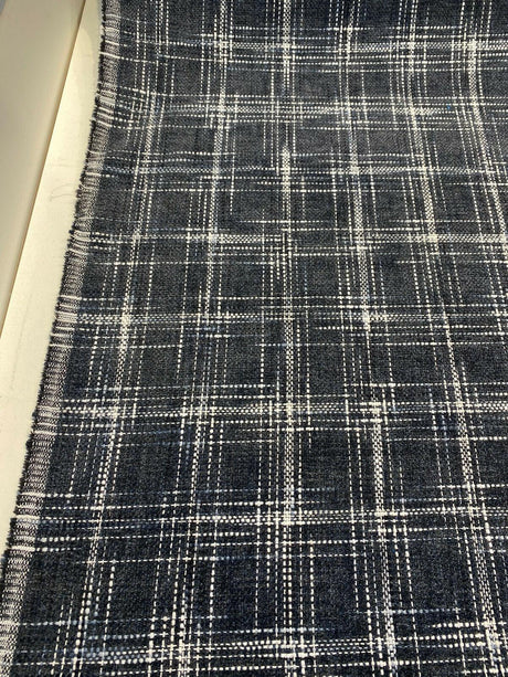 Hampton Plaid Woven Chenille Upholstery Fabric - Navy Domino Plaid, 54" Width (By The Yard)