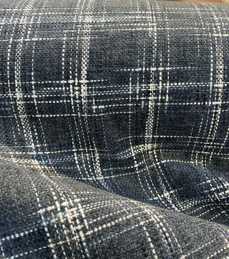 Hampton Plaid Woven Chenille Upholstery Fabric - Navy Domino Plaid, 54" Width (By The Yard)